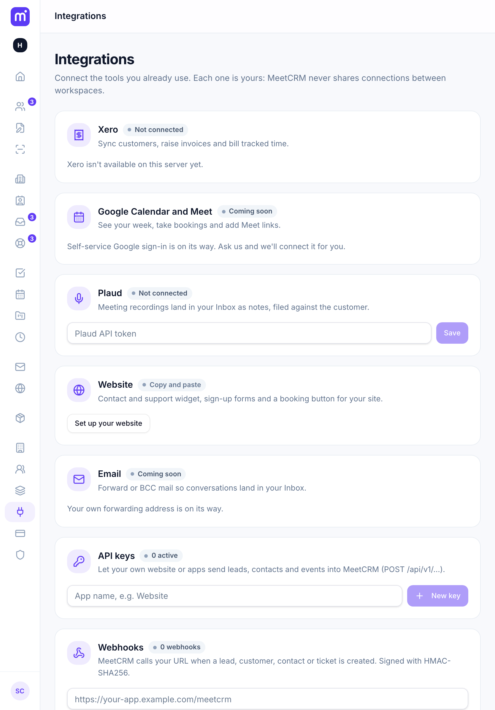 Integrations: Xero, Google Calendar, Plaud, website, API keys and webhooks
